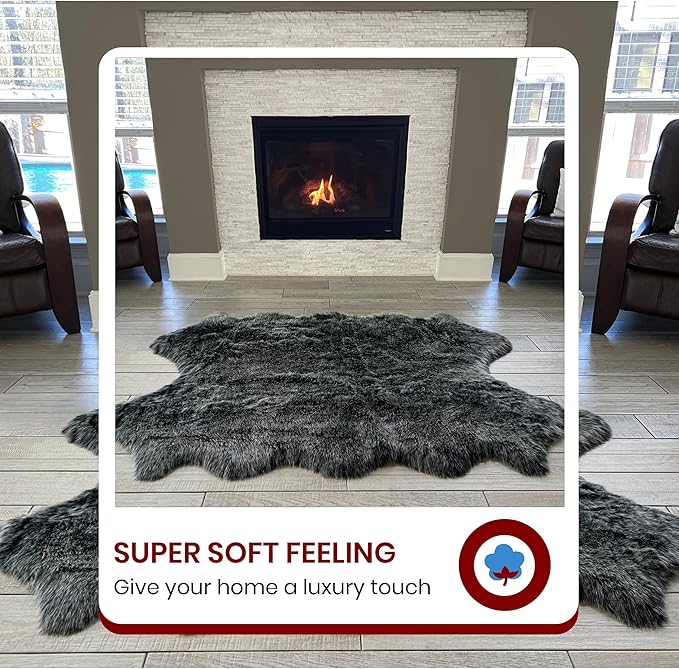 Free Shape Luxury Soft Fluffy Shag Area Rug Octo 8 Pelts 6'x8',180x240 cm - Vegan Fur Ultra Soft Indoor Carpet Nursery Rugs for Bedroom Home Decor, Black with White Tips