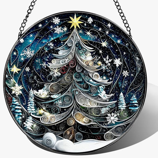 8-Inch Starry Christmas Tree Suncatcher Ornament: Stained Glass Window Hanging & Decor, Sun Catchers Indoor Window — Gift for Christmas, Holiday Present Idea, Gifts Exchange, Gift Idea