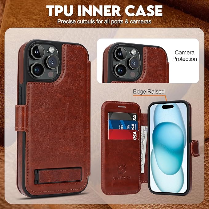 CIVICASE for iPhone 15 Pro Max Wallet Case with Stand,PU Leather Flip Credit Card Holder Slots (RFID Blocking),Compatible with Magsafe Magnetic Holder Phone Cover Women Men,Dark Brown