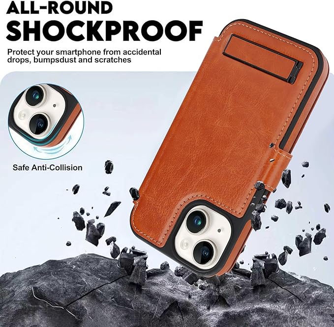 CIVICASE for iPhone 13/iPhone 14 Wallet Case with Stand,PU Leather Flip Credit Card Holder Slots (RFID Blocking),Compatible with Magsafe Magnetic Holder Phone Cover Women Men,Brown