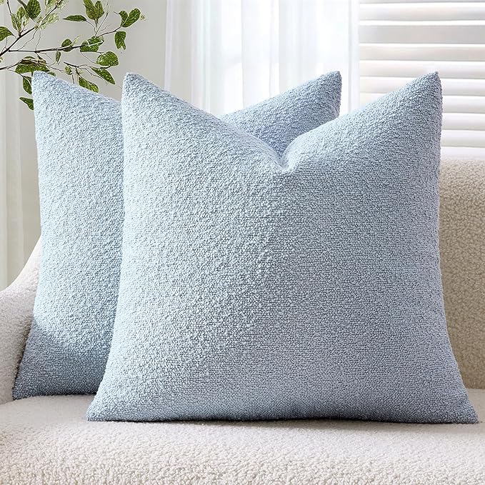 ANRODUO Pack of 2 Textured Boucle Throw Pillow Covers Soft Light Blue Decorative Accent Solid Pillow Cases Cozy Modern Couch Cushion Case for Chair Sofa Bedroom Living Room Home Decor, 20 x 20 Inch