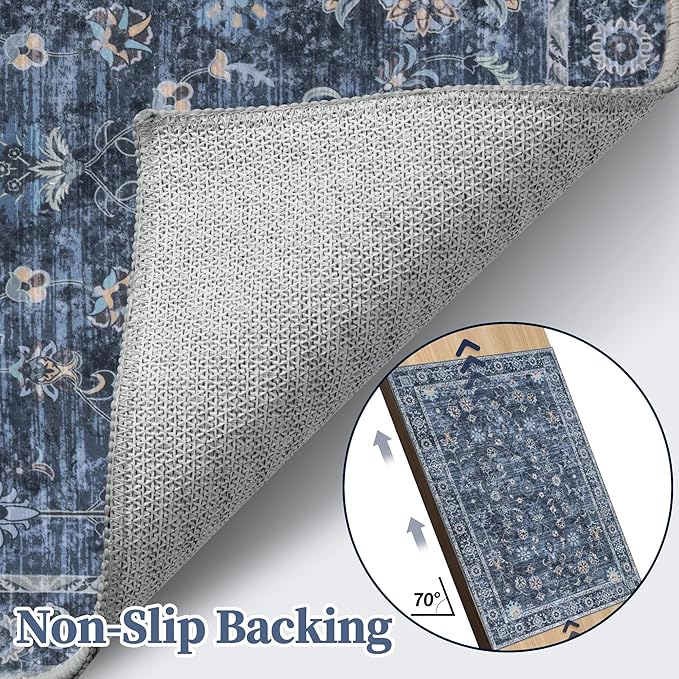 Tangsoo 9x12 Large Area Rug for Living Room, Non Slip Machine Washable Rug for Bedroom, Boho Distressed Vintage Blue Floral Rugs, Soft Indoor Floor Carpet Mat for Office Kitchen Farmhouse Home Decor