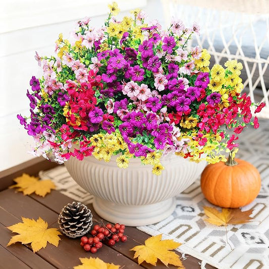 16 Bundles Artificial Flowers–UV Resistant Faux Mums for Garden, Patio, Porch & Home Décor, Realistic Fake Flowers for Weddings & Outdoor Planters (Pink, Yellow, Rose Red, Purple Mix)