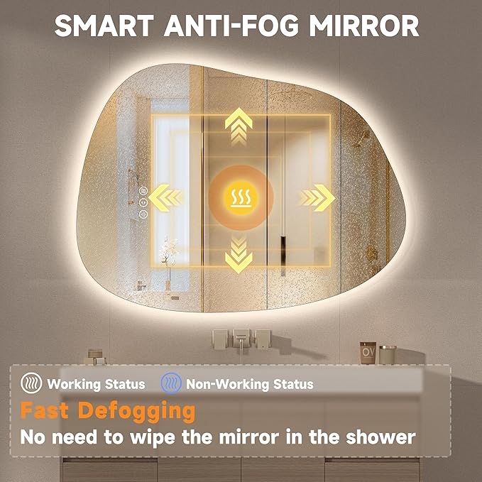 Hasipu Irregular Wall Mirror with Lights- 25"x19"Smart Vanity Mirror with Anti-Fog, 3 Color Modes,Dimmable Light, Memory Function, Backlit Wall Mount, Horizontal/Vertical