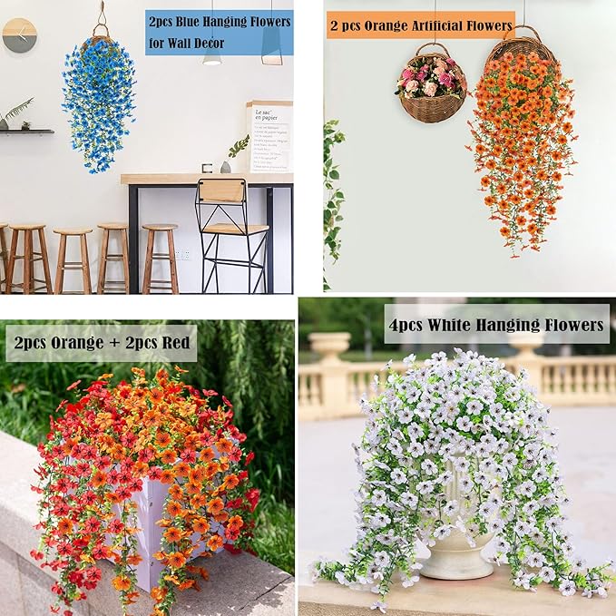 Artificial Hanging Flowers for Outdoors Faux Plants Decoration, 2 Packs Fake Silk Daisy Flower Realistic Outdoor Flowers UV Resistant Porch Patio Window Yard Outside Decor(Red)