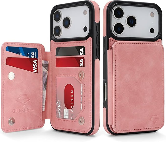 GUERNICA for iPhone 17 Pro (6.3") Case Wallet with Card Holder, RFID Blocking Leather Protection, Shockproof Women Men Phone Case for Apple 17 Pro, Pink