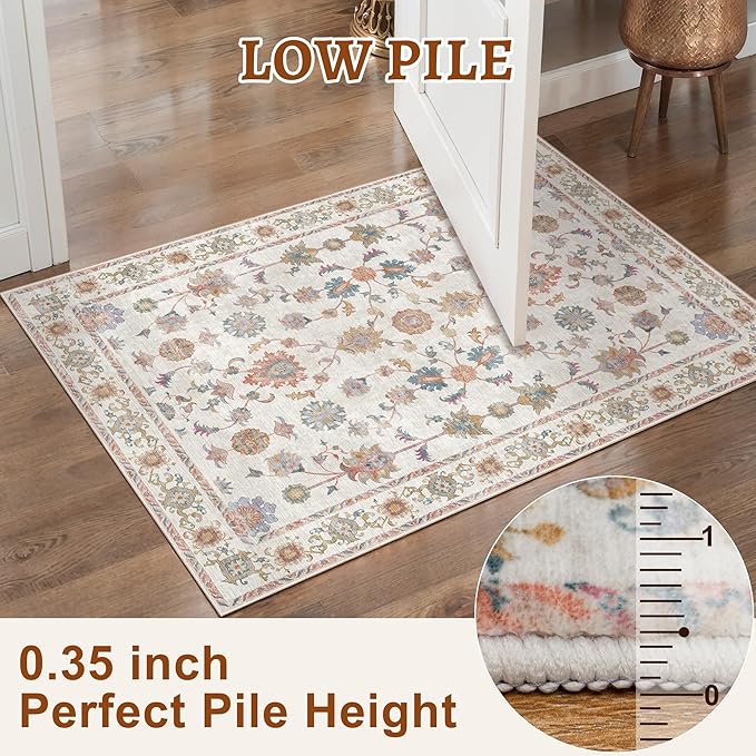 Tangsoo Runner Rug Hallway 2x6 Washable Carpet Runner Boho Vintage Floral Distressed Print Non Slip Soft Low-Pile Indoor Rug for Kitchen, Entryway, Bedroom, Laundry, Hallway Runner