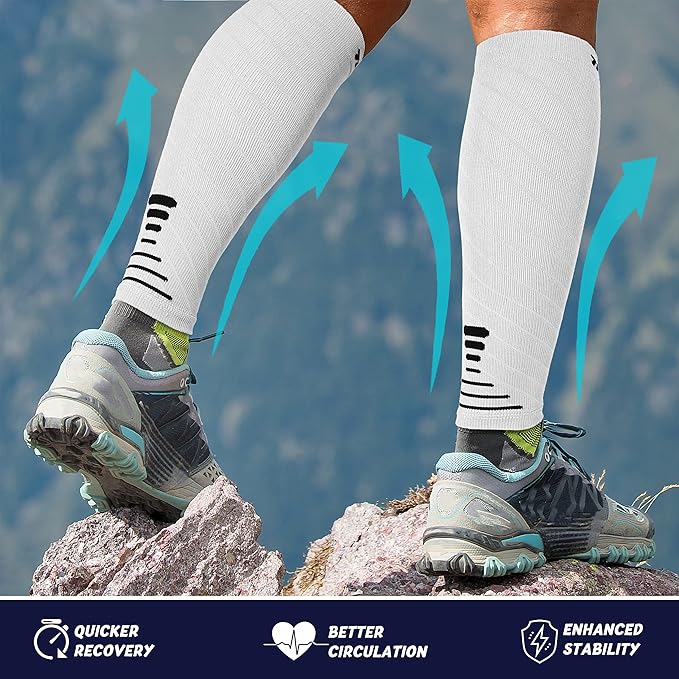 Thoxcare Calf Compression Sleeve for Men Women (1 Pair), Leg Support Footless Compression Socks for Running - Shin Splint Varicose Veins Swelling & Pain Relief, White/Black, X-Large