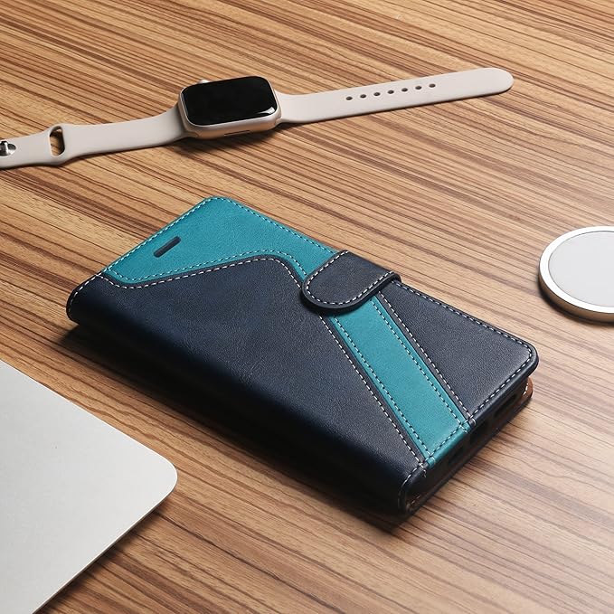 CIVICASE for iPhone 12 Pro Max Wallet Case,Leather Flip Case [RFID Blocking] Credit Card Holder Folio Magnetic Stand TPU Shockproof Cover Color Matching for iPhone 12 Pro Max (6.7") Blue Green