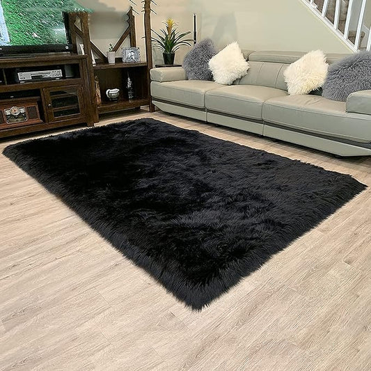LAMBZY High Pile Super Fluffy Soft Faux Sheepskin Rug | Faux Sheepskin Rugs for Living Room Playroom Bedroom | Classic Super Soft to Touch Rug (6'x9', Black)