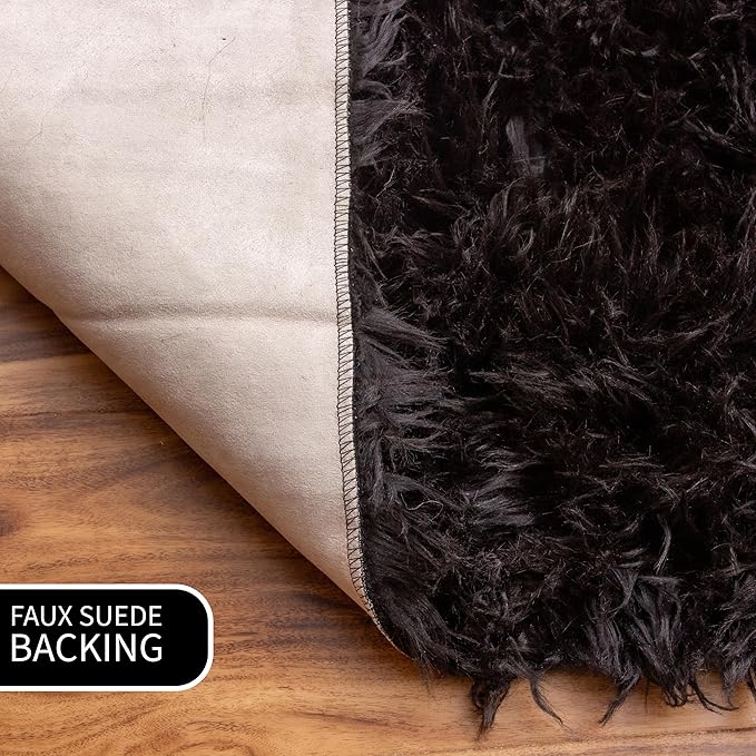 Super Area Rugs Ultra Soft & Fluffy Faux Sheepskin Rug, Black 4 x 6 Feet Carpet for Bedroom Living Room