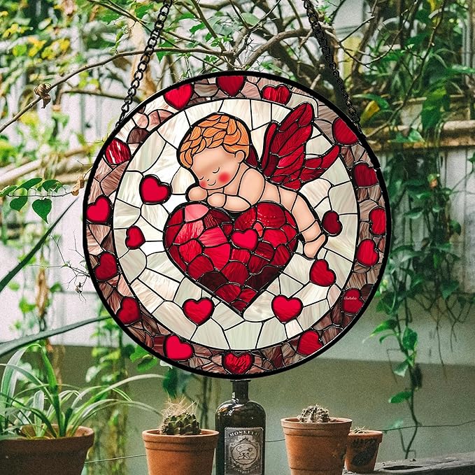 Stained Glass Window Hanging - Red Love Angel Sun Catcher for Door Garden Home Decor Cute Suncatcher Christmas Mother's Day Birthday for Women Men Mom Nana 11.8 in