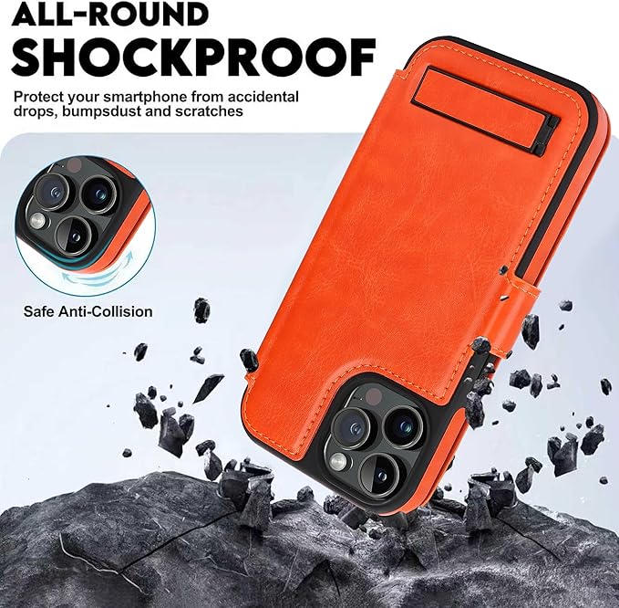 CIVICASE for iPhone 15 Pro Max Wallet Case with Stand,PU Leather Flip Credit Card Holder Slots (RFID Blocking),Compatible with Magsafe Magnetic Holder Phone Cover Women Men,Orange