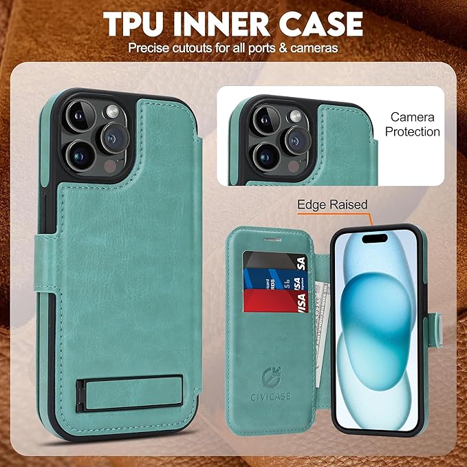 CIVICASE for iPhone 15 Pro Wallet Case with Stand,PU Leather Flip Credit Card Holder Slots (RFID Blocking),Compatible with Magsafe Magnetic Holder Phone Cover Women Men,Green