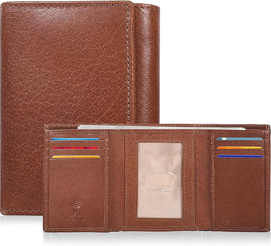 Real Leather Mens Trifold Wallet RFID Blocking Slim Minimalist Front Pocket - Thin & Stylish with ID Window in Gift Box