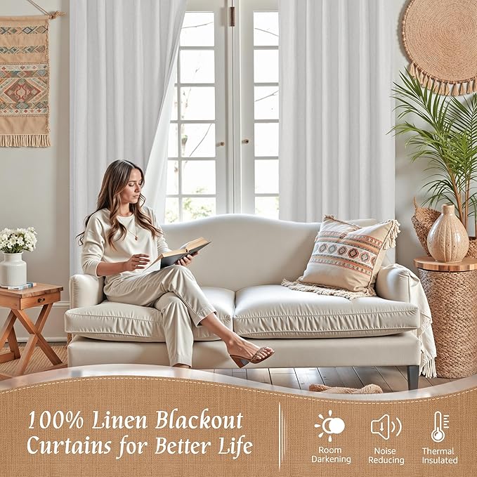 LAMIT 100% Blackout Short Linen Curtains, 48 Inch Length Linen Textured Thermal Curtains Back Tab and Rod Pocket Neutral Panels with White Liner for Small Window, 2 Panels, 42 x 48 Inch, Light Grey