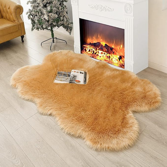 Fluffy Faux Fur Rug Brown Sheepskin Area Rug,4x6 Ft Ultra Soft Shaggy Plush Rug for Bedroom Bedside Living Room Nursery Kids Room