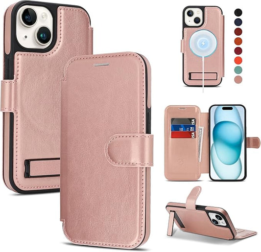 CIVICASE for iPhone 13/iPhone 14 Wallet Case with Stand,PU Leather Flip Credit Card Holder Slots (RFID Blocking),Compatible with Magsafe Magnetic Holder Phone Cover Women Men,Rose Gold