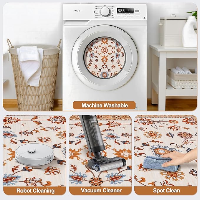 Tangsoo Washable Runner Rug for Hallway Non Slip, 2x5 Boho Floral Vintage Carpet Runner Rugs for Entryway, Floor Low Pile Runners for Kitchen Bathroom Laundry Bedroom Alfombra Orange Farmhouse