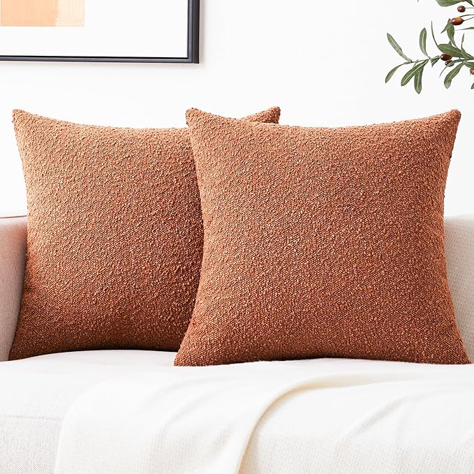 Mixhug Decorative Boucle Throw Pillow Covers, Rust, 20 x 20 Inches, Pack of 2 - Textured Boho Pillow Covers for Couch and Bed