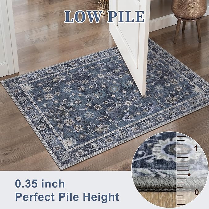 Tangsoo Washable Runner Rug for Hallway Non Slip, 2x5 Boho Floral Vintage Carpet Runner Rugs for Entryway, Floor Soft Low Pile Runners for Kitchen Bathroom Laundry Bedroom Alfombra Blue Farmhouse