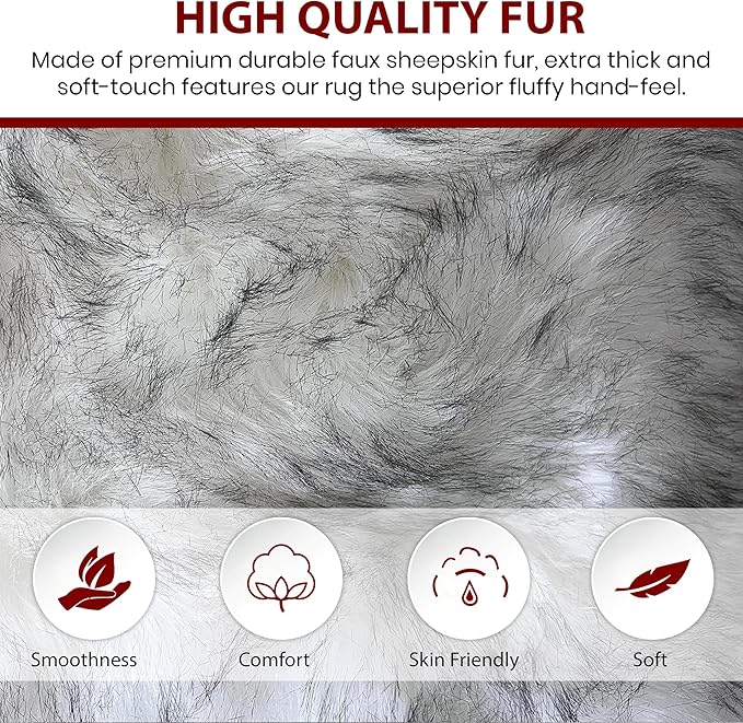 LAMBZY Faux Sheepskin Super Soft Hypoallergenic Silky Shag Rug for Living Room, Kids Room, Sofa (Quarto 4 Pelts 4'x6', White/Black Tips)