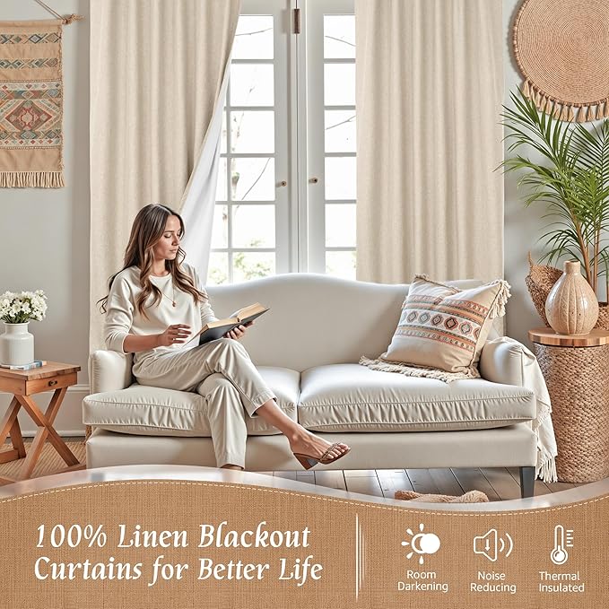 LAMIT 100% Blackout Natural Linen Curtains, 78 Inches Linen Textured Thermal Bedroom Curtains Back Tab and Rod Pocket Neutral Panels with White Liner for Farmhouse, 2 Panels, 52 x 78 Inch, Linen