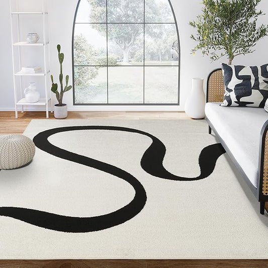 Abani Abstract Beige/Black Area Rug - 9'x12' - Modern Curved Line Design - Deco Collection - Easy to Clean - Durable for High Traffic Areas - Living Room, Dining Room - Medium Pile