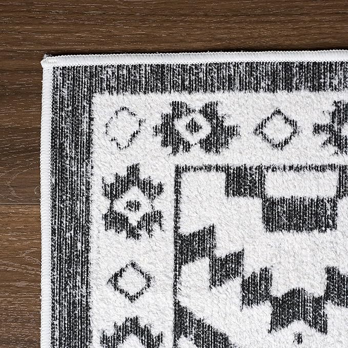 Moroccan Washable Area Rug 4x6, Geometric Decorative Woven Rug Low Pile, Non-Slip Boho Accent Farmhouse Indoor Floor Carpet for Living Room Entryway Laundry Bedroom, Black and White
