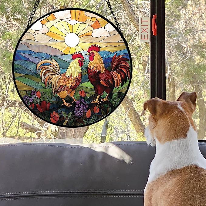 Stained Glass Window Hanging, Countryside Scenery Chicken Sun Catcher for Door Home Decor Sunrise Suncatcher Christmas Mother's Day Birthday Gifts for Women Men Mom Nana 11.8 in
