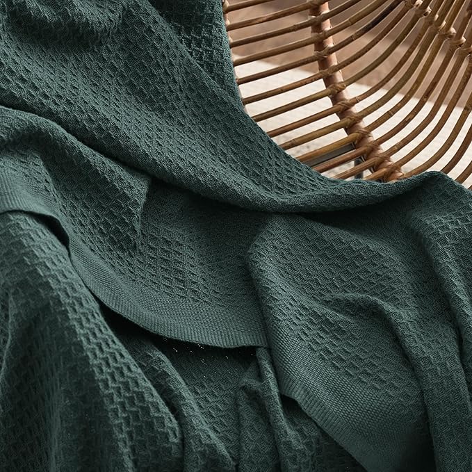 Bedsure Gentlesoft 100% Cotton Large Throw Blanket for Couch 50x70 inches - Breathable and Soft, Waffle Weave Throw Blanket for Office, Dark Green