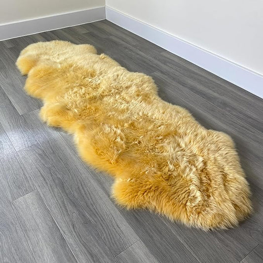HUAHOO Premium Genuine Sheepskin Rug Camel Real Australia Sheepskin Natural Lambskin Fur Area Rug Seat Covers for Kids Bedroom Sofa Chair Cover Pets Dogs Mat Double Pelt/2' x 6' Banana Yellow