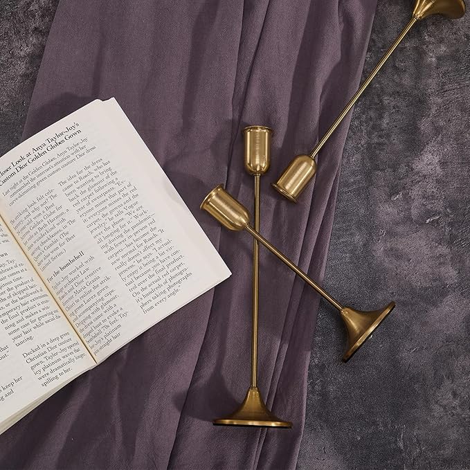 Candlestick Holders, Gold Metal Taper Candle Holders Set of 3, Handmade Heavy Base Brass Vintage Modern Decorative Table Centerpiece for Candlelight Dinner, Fireplace Mantel Wedding Housewarming Décor