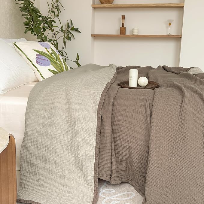 FALUCA Cotton Muslin Reversible Blanket 50x60 Inches for Bed, Couch, Four Layers Blanket, Soft Lightweight Cozy Breathable Farmhouse Decoration for All-Season, Brown