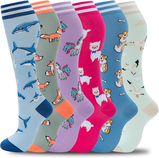 fenglaoda Compression Socks Women Men 6 Pairs, Knee High Best Support Circulation Socks for Running, Travel, Flight, Nurse