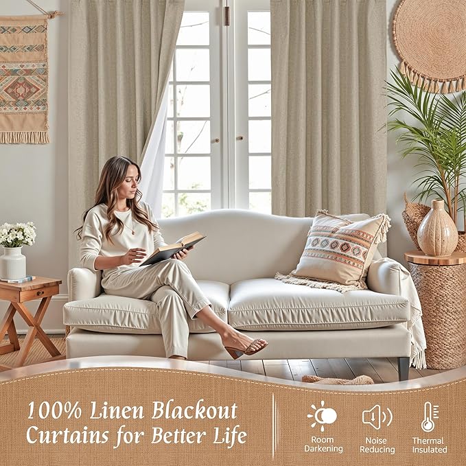 LAMIT 100% Blackout Linen Curtains 63 Inches Long, Linen Textured Living Room Farmhouse Curtains Full Room Darkening Back Tab and Rod Pocket Panels with White Liner, 2 Panels, Taupe, 60 x 63 Inch