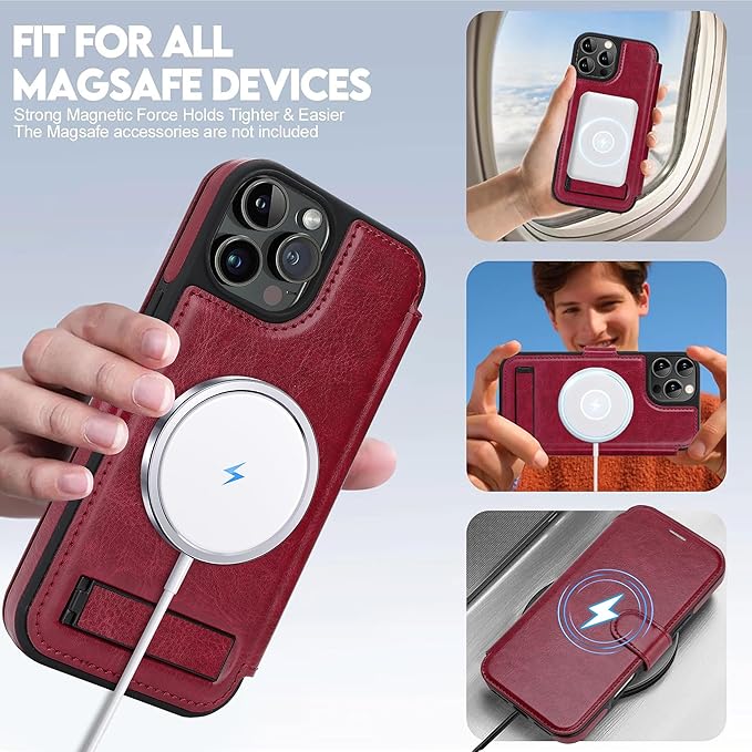 CIVICASE for iPhone 14 Pro Max Wallet Case with Stand,PU Leather Flip Credit Card Holder Slots (RFID Blocking),Compatible with Magsafe Magnetic Holder Phone Cover Women Men,Wine Red