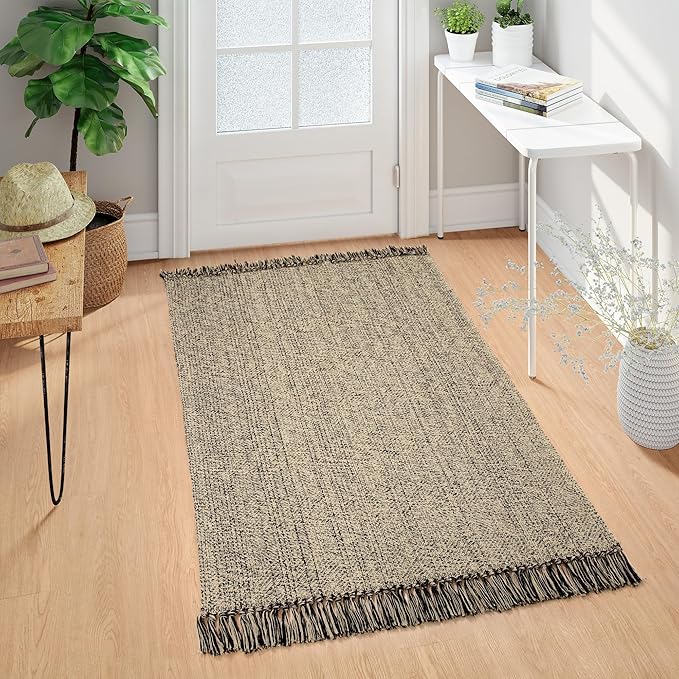 Collive Washable Area Rug 3x5, Modern Woven Kitchen Rugs for Entryway, Natural/Black Braided Cotton Small Outdoor Rug Indoor Door Mat Throw Carpet for Living Room Nursery Mudroom Laundry Room Bedroom