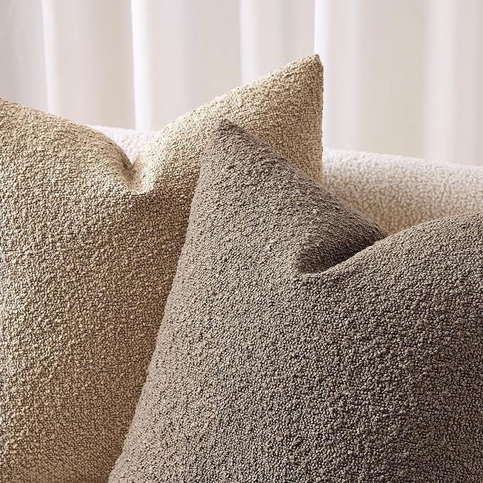 ANRODUO Pack of 2 Textured Boucle Throw Pillow Covers Soft Brown Decorative Accent Solid Pillow Cases Cozy Modern Couch Cushion Case for Chair Sofa Bedroom Living Room Home Decor, 18 x 18 Inch