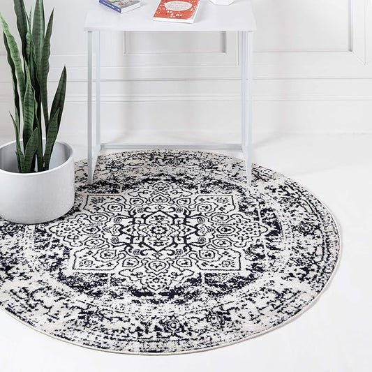 Rugs.com Arlington Collection Rug – 8 Ft Round Blue Medium-Pile Rug Perfect for Kitchens, Dining Rooms