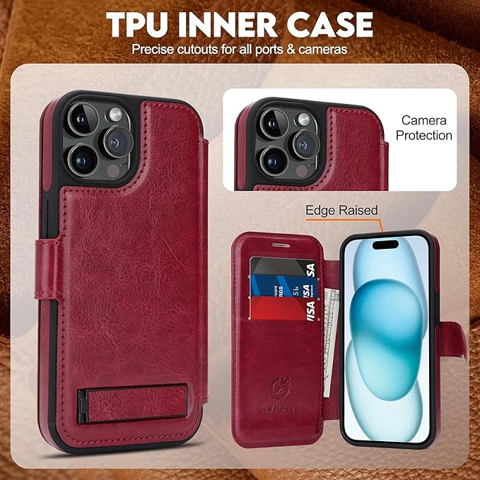 CIVICASE for iPhone 15 Pro Wallet Case with Stand,PU Leather Flip Credit Card Holder Slots (RFID Blocking),Compatible with Magsafe Magnetic Holder Phone Cover Women Men,Wine Red