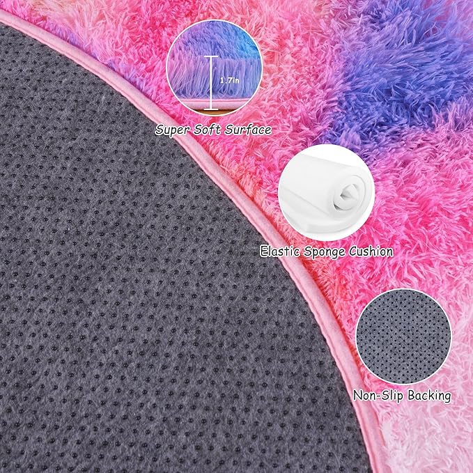 Round Fluffy Rugs 8Ft for Girls Bedroom, Dark Rainbow Shag Circle Kids Rug Non-Slip for Bedside Dorm Nursery Playroom, Soft Cute Area Rugs for Living Room Decor