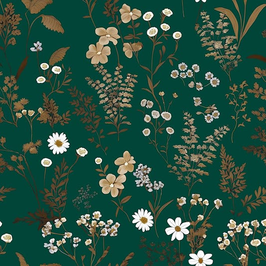 Dark Floral Wallpaper Peel and Stick 17.5in x393in Vintage Green Gold Leaf Wallpaper Vinyl Waterproof Self-Adhesive Boho Botanical Wall Paper Mural for Cabinet Bookcase Bedroom Decor