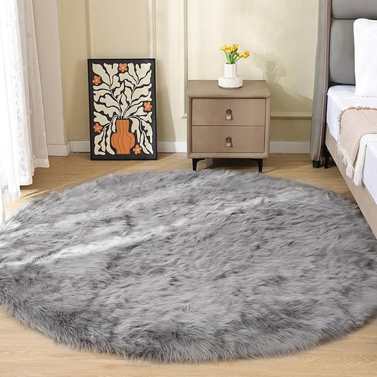Round Rugs 6ft Silver Grey Fuzzy Faux Sheepskin Washable Furry Fur Area Rugs for Bedroom Large Boho Circle Nursery Rug