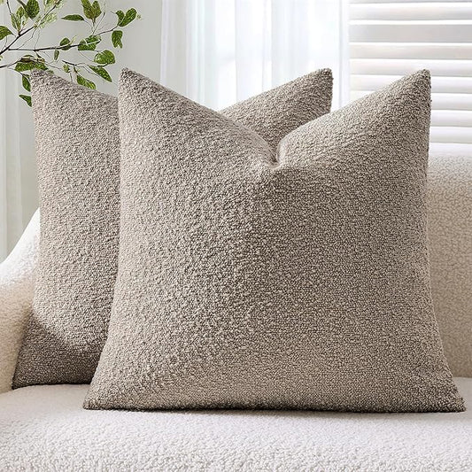ANRODUO Pack of 2 Textured Boucle Throw Pillow Covers Soft Light Taupe Euro Decorative Accent Solid Pillow Cases Cozy Modern Couch Cushion Case for Sofa Bedroom Living Room Home Decor, 26 x 26 Inch