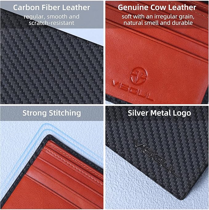 VISOUL Mens Bifold Wallet with 2 ID Windows Carbon Fiber Leather, RFID Blocking Secure Designer Billfold Wallets for Men with Two Cash Compartments (Black+Orange Red)