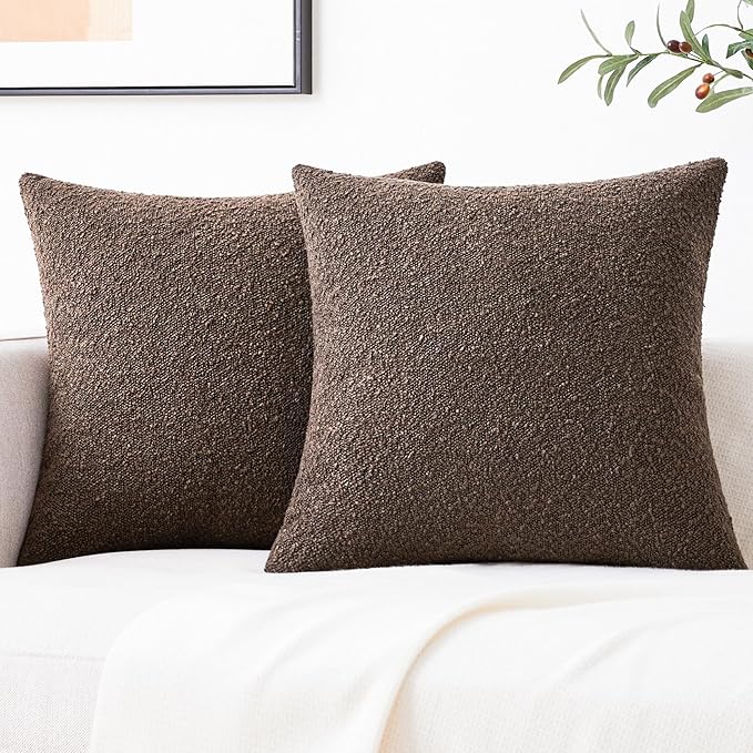 Mixhug Decorative Boucle Throw Pillow Covers, Chocolate Brown, 18 x 18 Inches, Pack of 2 - Textured Boho Pillow Covers for Couch and Bed