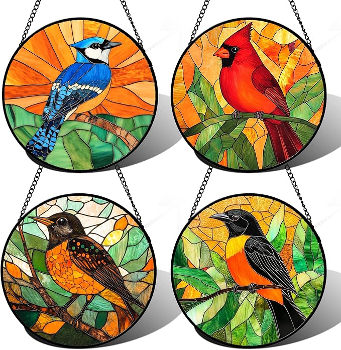 DASTOLL Stained Glass Window Hanging 4 Pcs Set Birds 6.3" - Cardinal Blue Jay Suncatcher Door Garden Sun Catcher Decor Birthday Christmas for Bird Lovers Mom Woman Nana Men