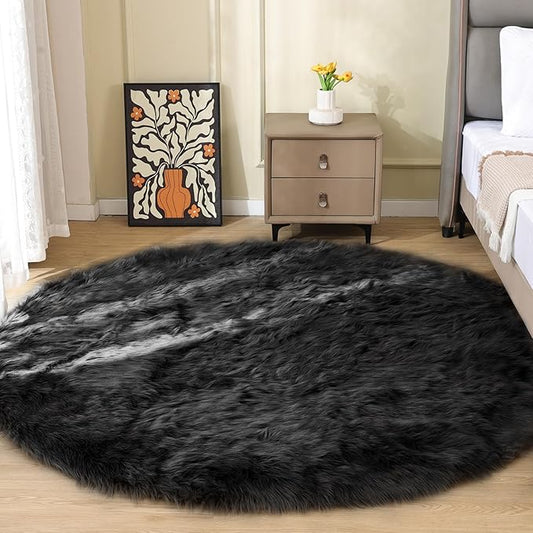 Black Round Rugs 6ft Fluffy Washable Faux Sheepskin Shaggy Fur Rugs for Bedroom Plush Shag Rug for Living Room Nursery Large Circle Rug