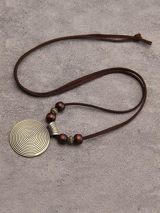 Leather Necklace for Women Boho Choker Necklace Long Cord Leather Pendant Bohemian Neckalce Vintage Alloy Pendant Leather Rope Necklace Wooden Necklaces for Women